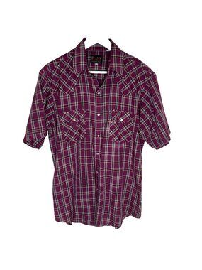 Vintage 70s 80s Maroon Plaid Short Sleeve Western Shirt, Pearl Snaps, Rockabilly